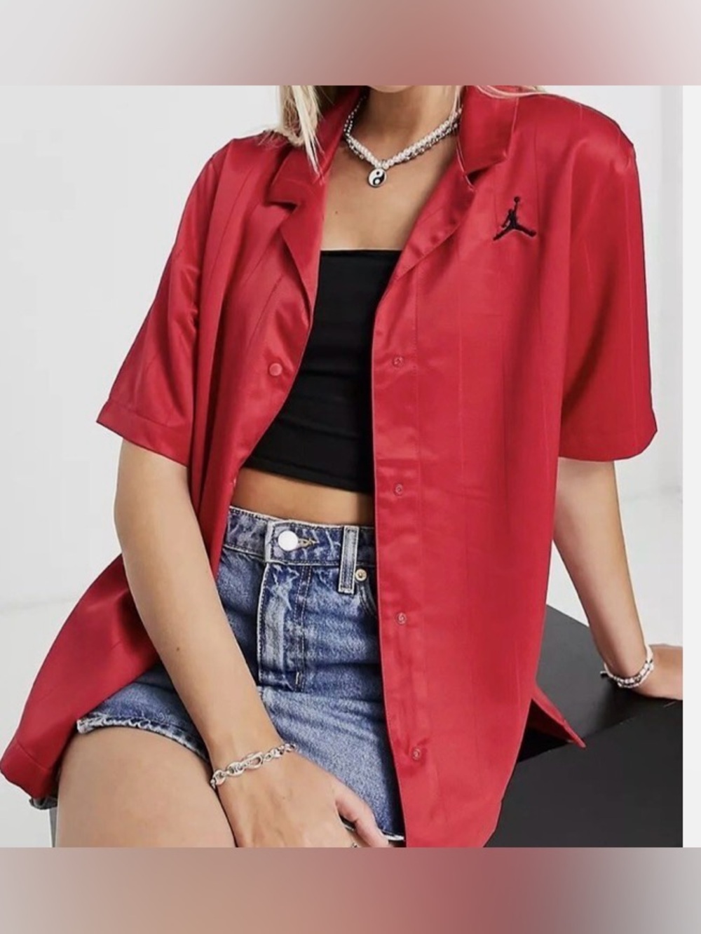 Jordan Red Satin Short-Sleeve Button-Up with Black Jumpman